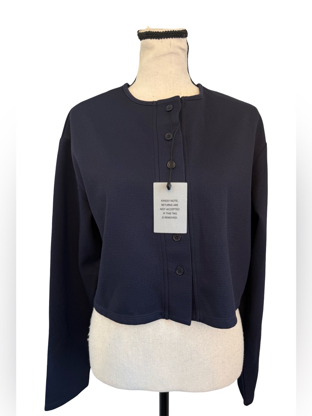 All The Ways Kourtney Cardigan XS Navy Cropped Waffle Knit Button Revolve NWT